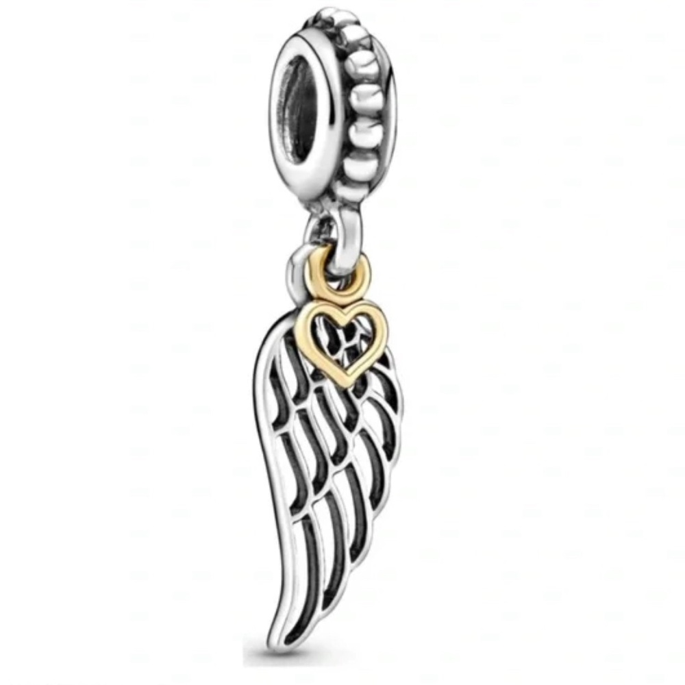 Pandora two tone angel feather charm with 14k gold heart